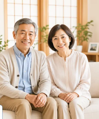 笑顔で座る夫婦